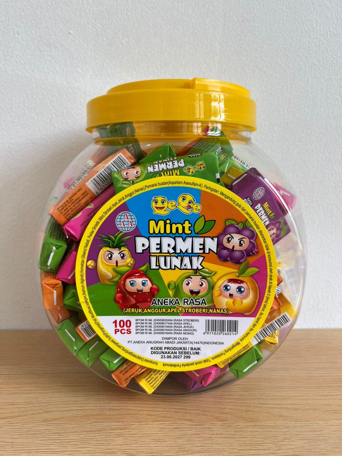 Permen Lunak Mint Rasa Jeruk Apel Anggur Stoberi Nanas QeQe isi 100 pcs