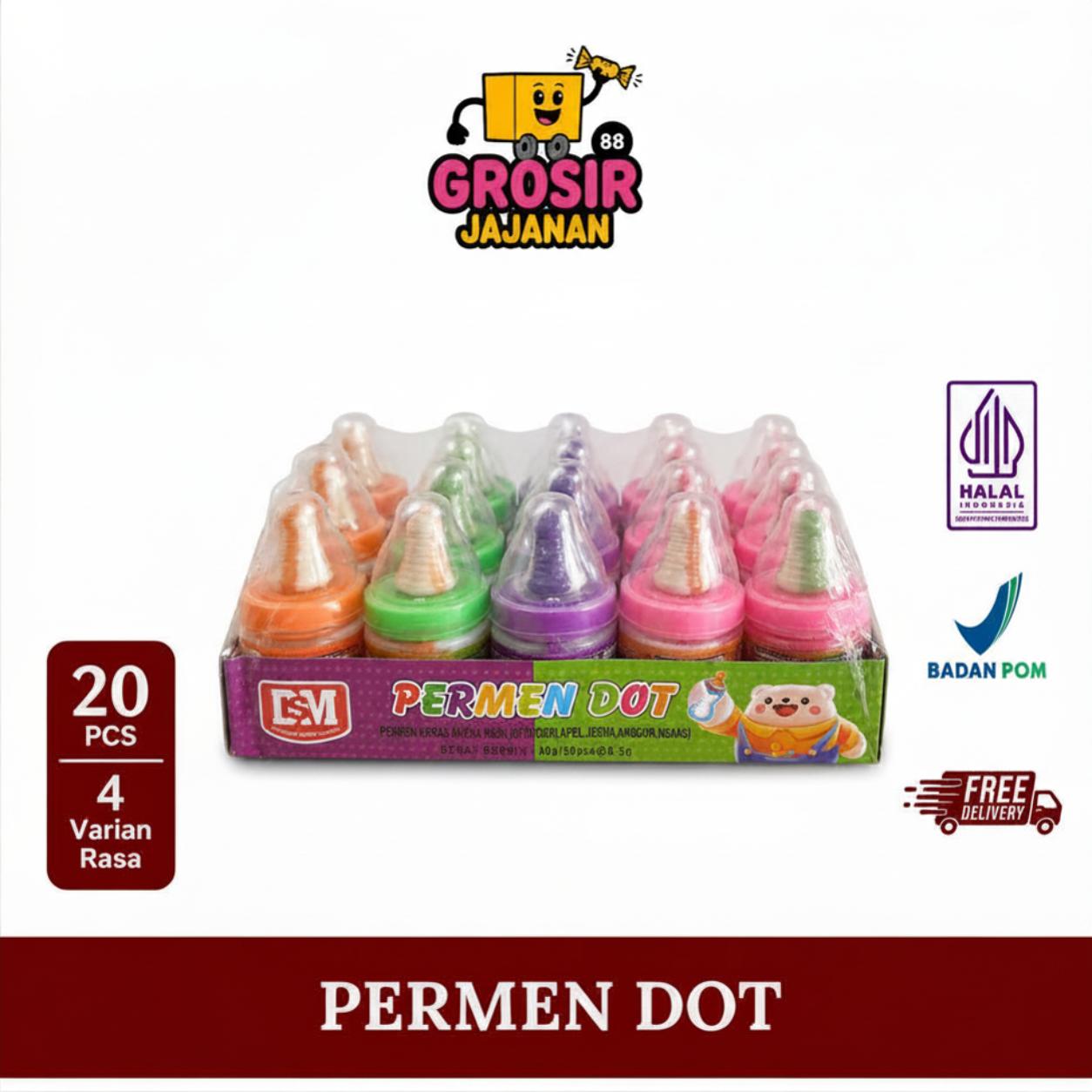 Permen keras dot aneka rasa buah strawbery apel jeruk anggur nanas DSM isi 20