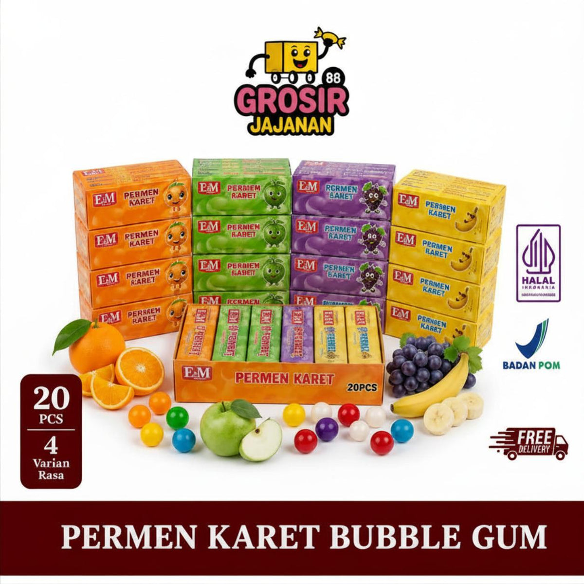 Permen Karet Bubble Gum Rasa Apel Pisang Jeruk Anggur DSM isi 20 pcs