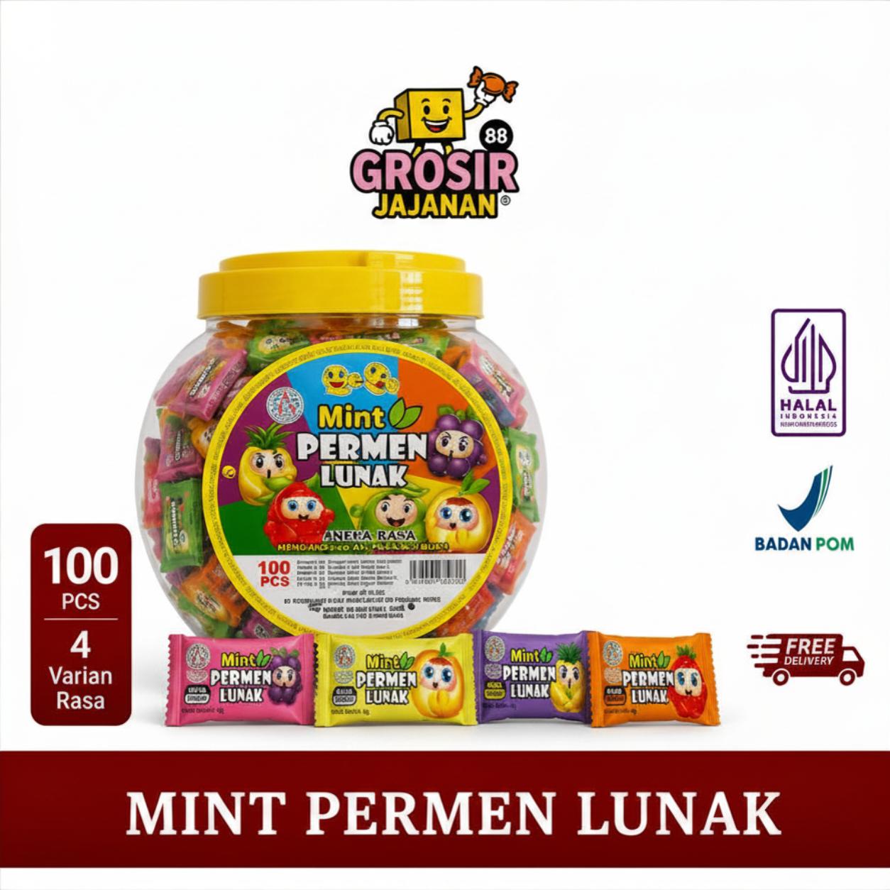 Permen Lunak Mint Rasa Jeruk Apel Anggur Stoberi Nanas QeQe isi 100 pcs