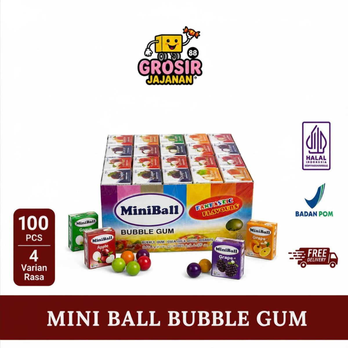 Permen Karet Bubble Gum miniball Aneka Rasa Buah Merries isi 100 pcs