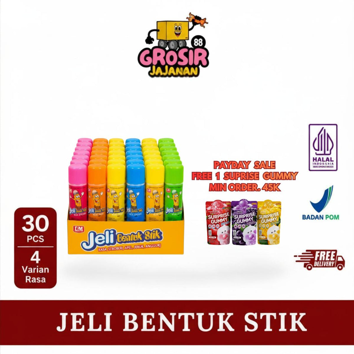 Jeli Bentuk Stik Rasa Anggur Jeruk Apel Stroberi DSM isi 30