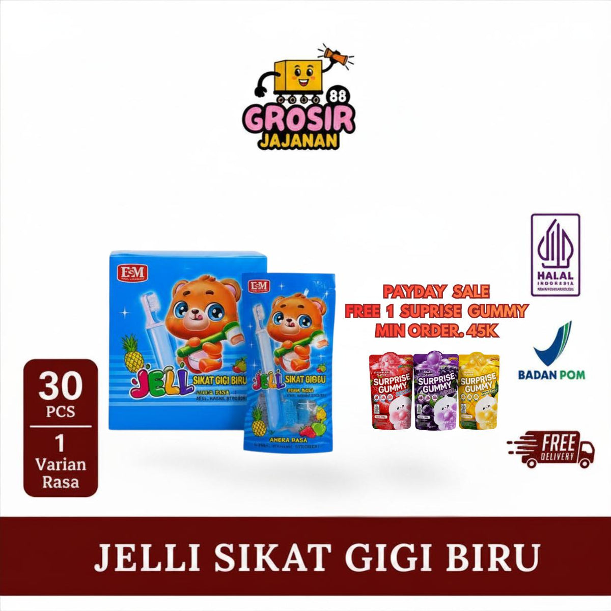 Jelly Stik Bentuk Sikat Gigi Biru Rasa Jeruk Apel Nanas Strawbery DSM