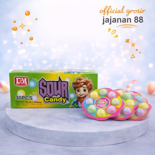 Permen Lollipop Sour Candy rasa Jeruk Anggur Stroberi DSM 30 pcs