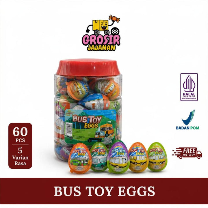 Biskuit Colek Cokelat Bus Toy Eggs Jumbo Lianggui isi 60 Pcs