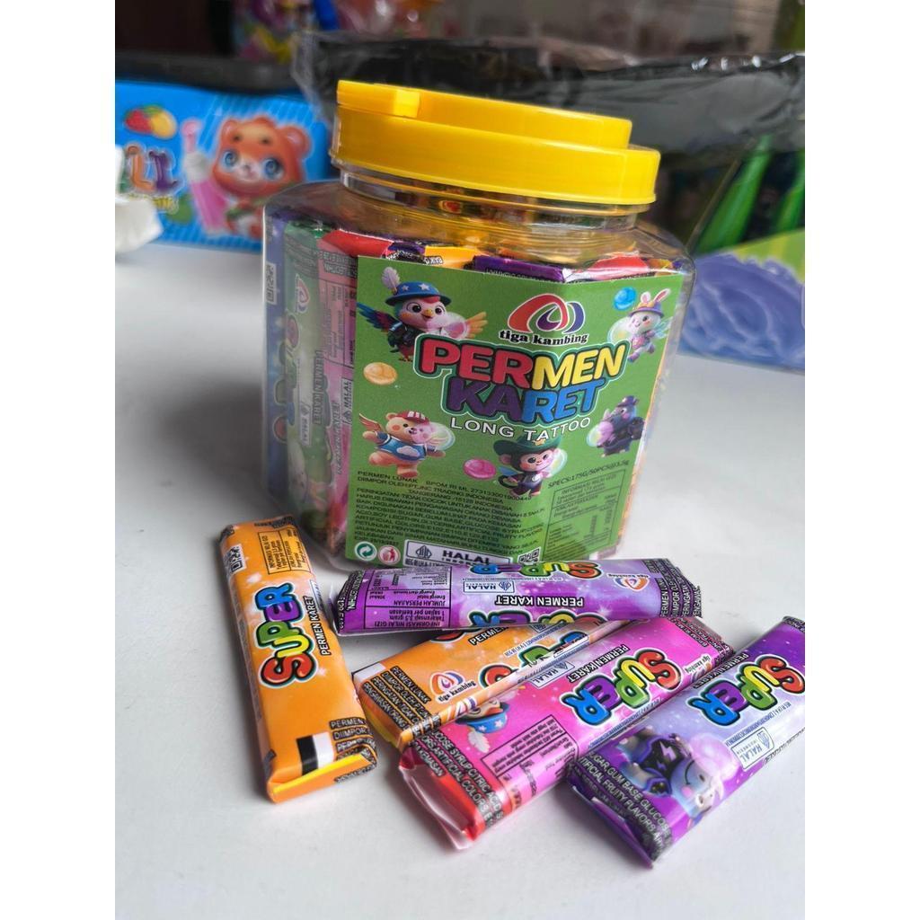 Permen Karet Long Mini Tiga Kambing 1 Toples isi 50 pcs