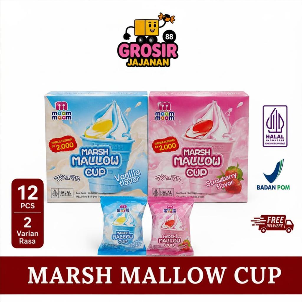 Marshmallow Cup Cone Rasa Vanila Stoberi Moom isi 12