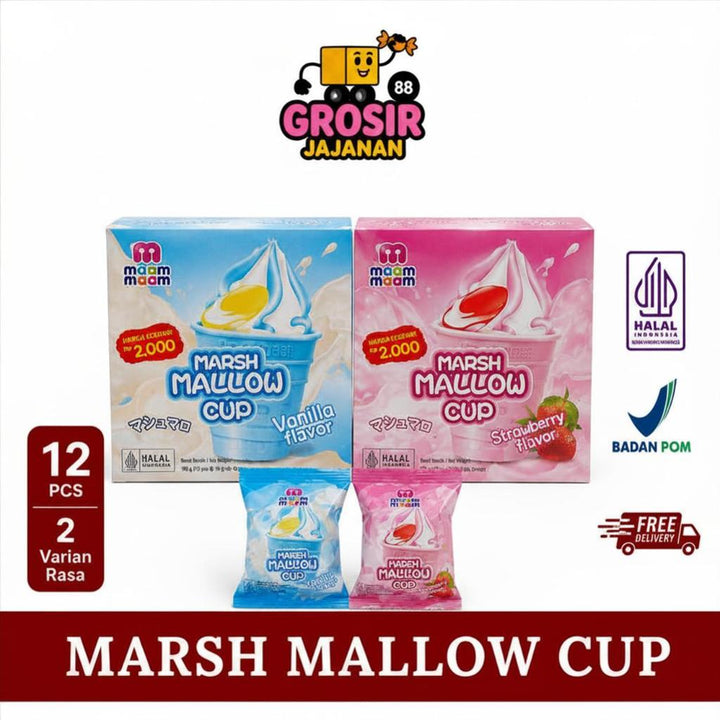 Marshmallow Cup Cone Rasa Vanila Stoberi Moom isi 12