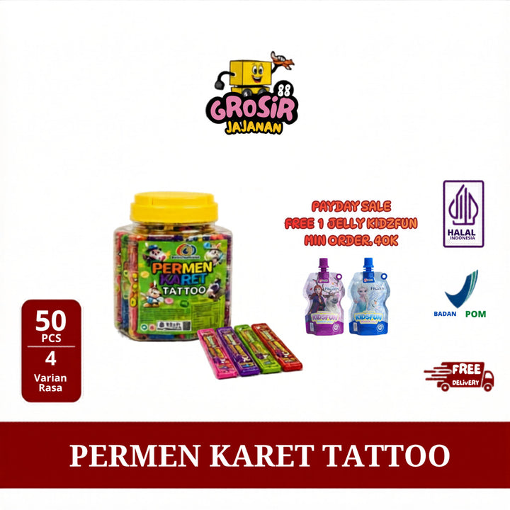 Permen Karet Long Mini Tiga Kambing 1 Toples isi 50 pcs