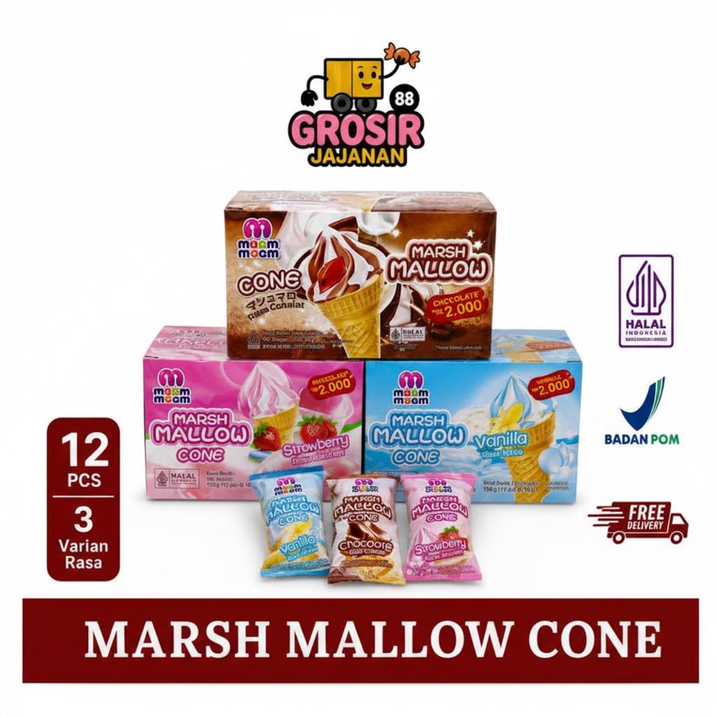 Marshmallow Cone Rasa Coklat Vanila Stroberi Moom Isi 12
