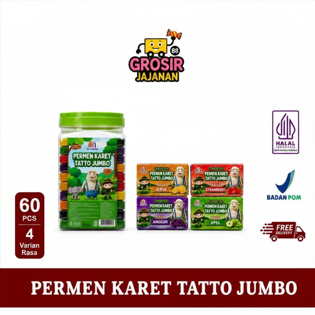 Permen Karet Stiker Kartun Besar Rasa 5 Buah Tiga Kambing Isi 60 Pcs
